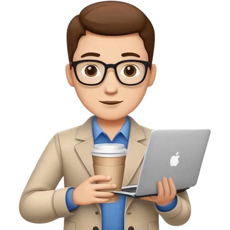 business owner confidently, holding a closed laptop in one hand and a takeaway coffee cup in the other. The character wears casual-smart clothes. emoji