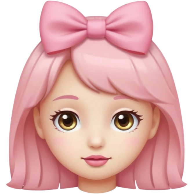 Cute coquette emoji, round face, big sparkling eyes, soft blush on cheeks, small pink bow on top of the head, pastel colors, simple vector style, transparent background


 emoji