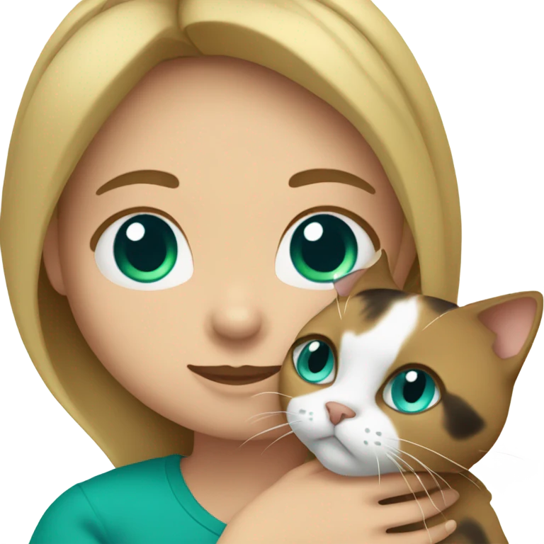 White dark blonde girl with teal eyes snuggling a small calico cat emoji
