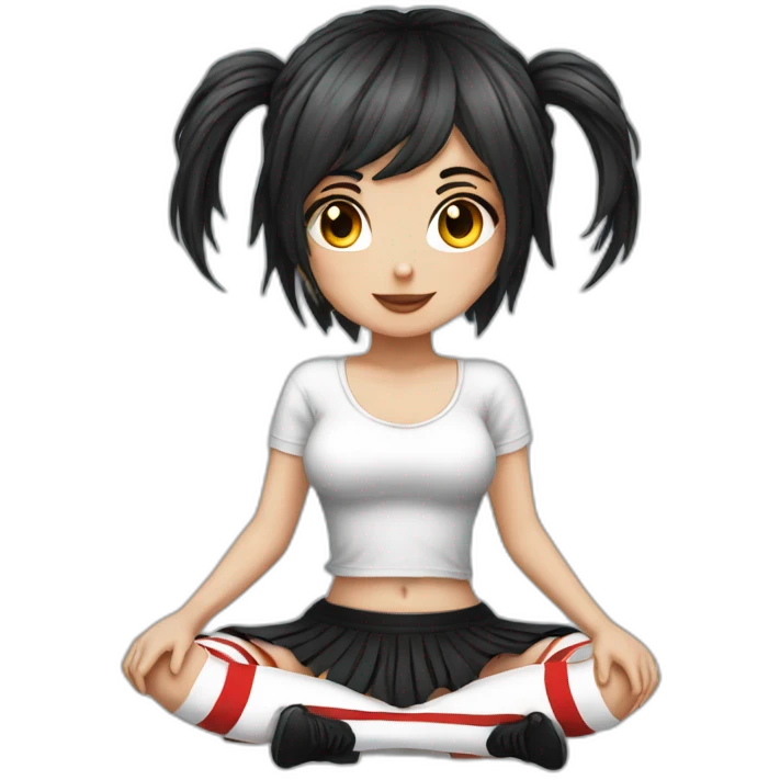 Frontal view curvy emo girl sits white skirt striped stockings hands up emoji