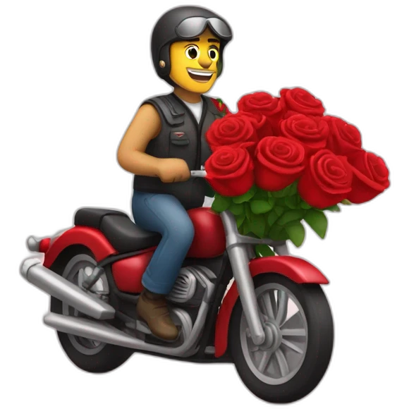 Motor cycle driver carrying a bouquet of red rose flowers emoji