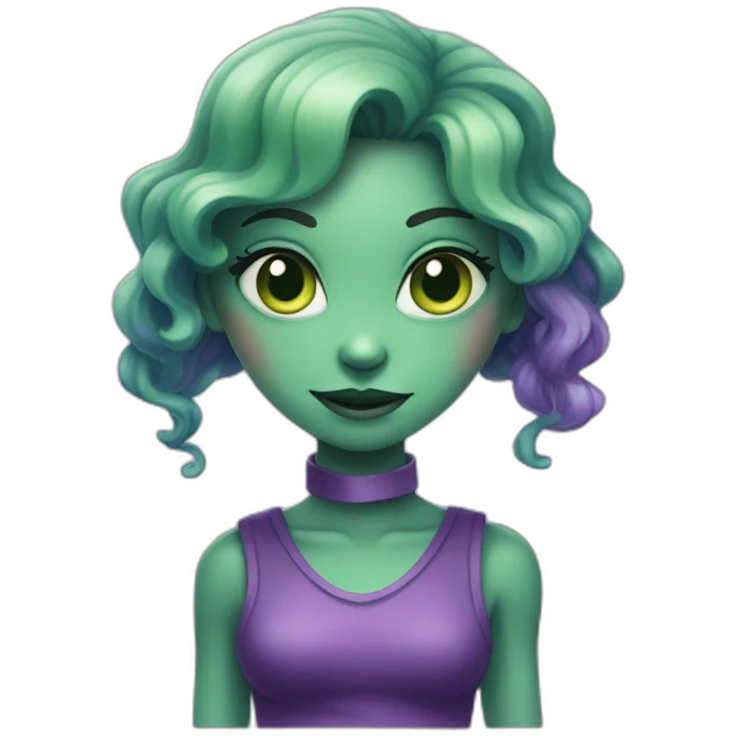 An alien girl with green skin and purple hair waves with her hand emoji
