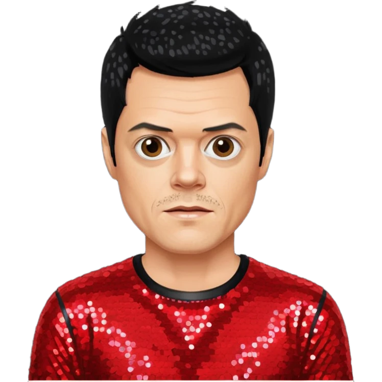 Johnny Knoxville from Jackass with black hair, red sequin outfit emoji