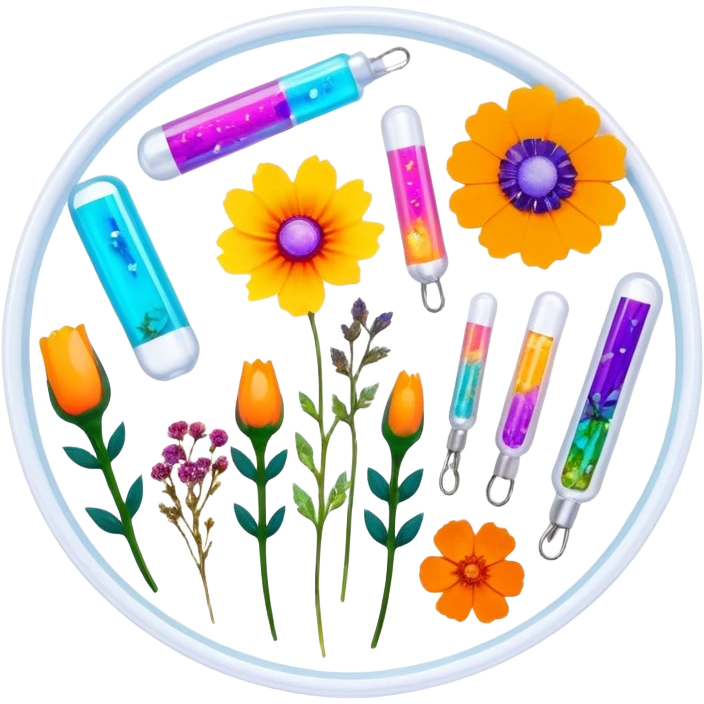 Epoxy resin art icon, jewelry and decorative items made with fluorescent epoxy resin, glowing effect on the resin, finished resin jewelry with dried flowers embedded inside, visible tubes of resin with bright colors, mixing tools, and molds, minimalistic style, clean lines, transparent background emoji