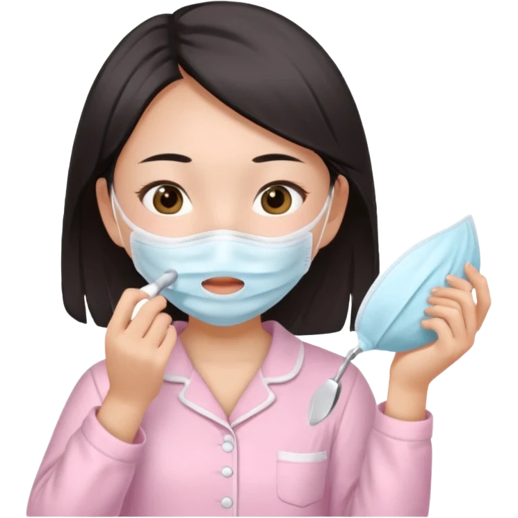 angelic asian girl doing skin care in baby pink pajamas, applying mask to her face emoji