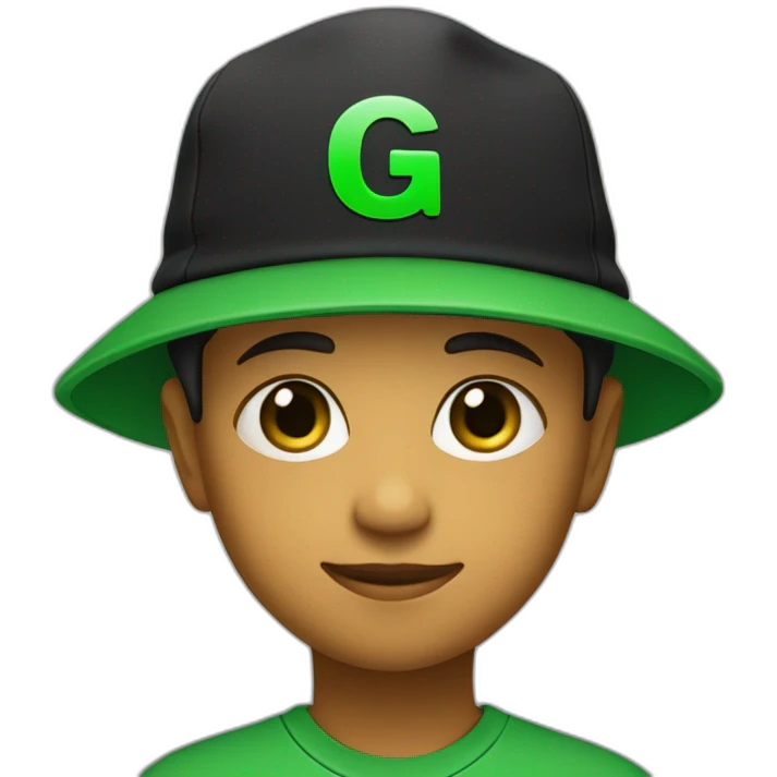 A child with green eyes, wearing a black hat and a green T-shirt with a black letter “G” on it  emoji
