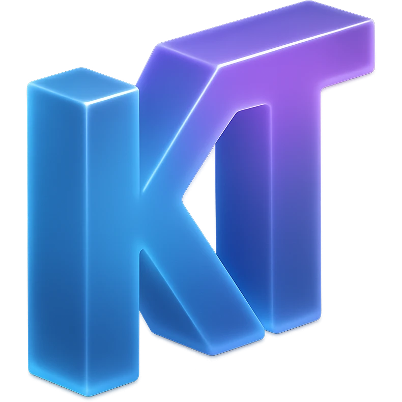 the letters KT with a fancy colorful gradient for the color with blue and purple emoji