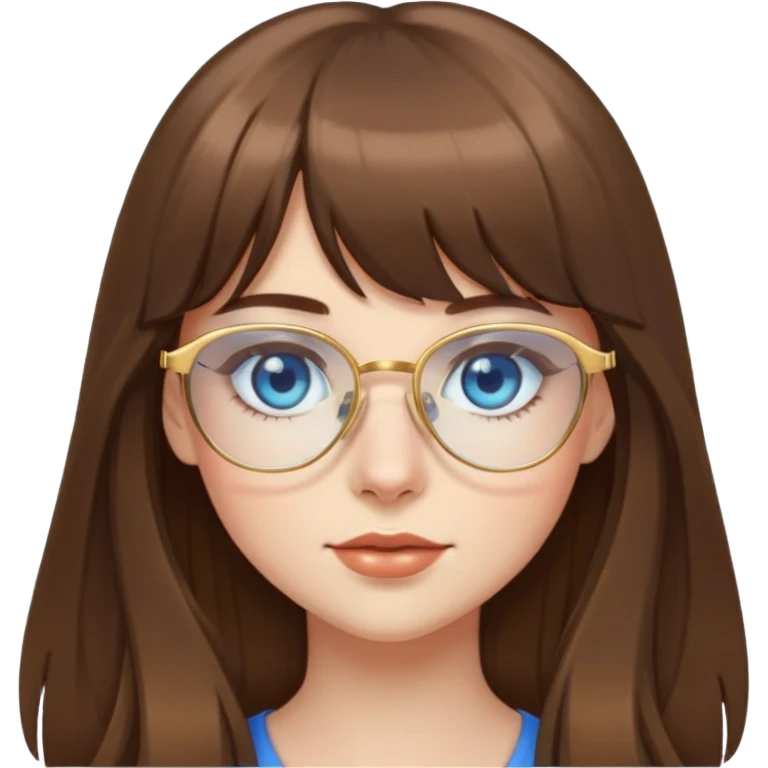 pretty girl with long brown hair with bangs, blue eyes, and gold glasses  emoji