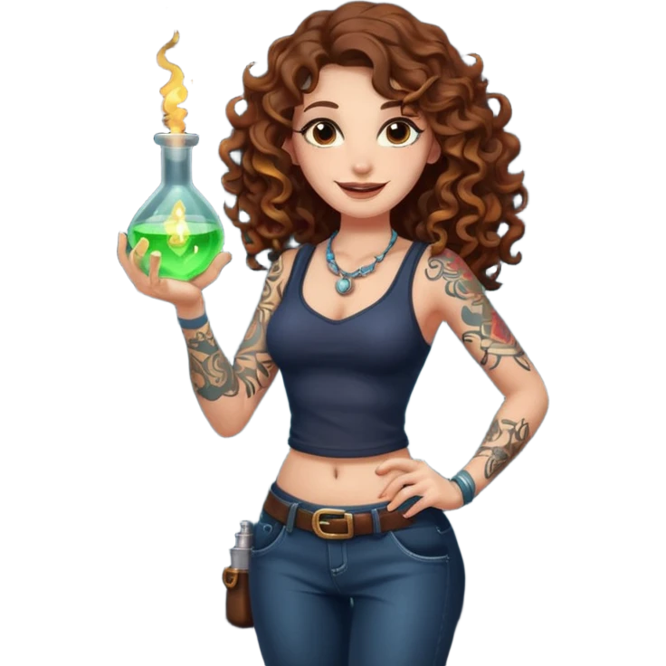full body view of a woman with long curly brown hair, brown eyes, white skin, tattoos, holding a glowing potion flask at hip level, playful dangerous smile emoji