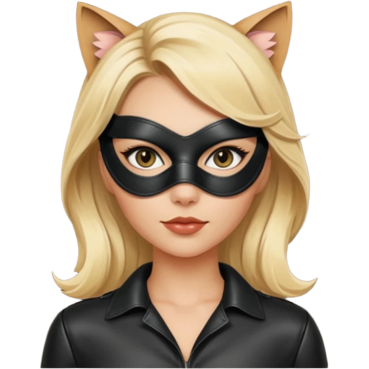 blonde woman with leather cat eye mask and leather blouseü emoji