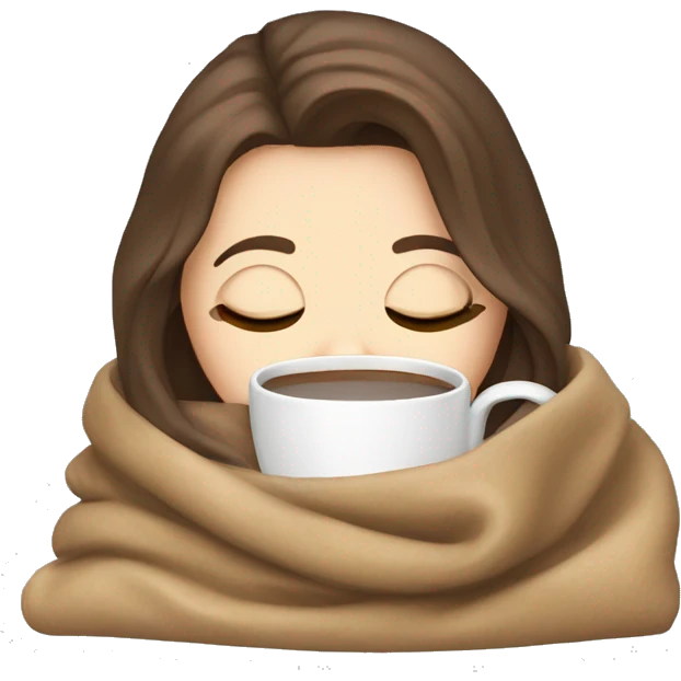 White girl with brown hair inside a blanket sipping coffee eyes closed emoji