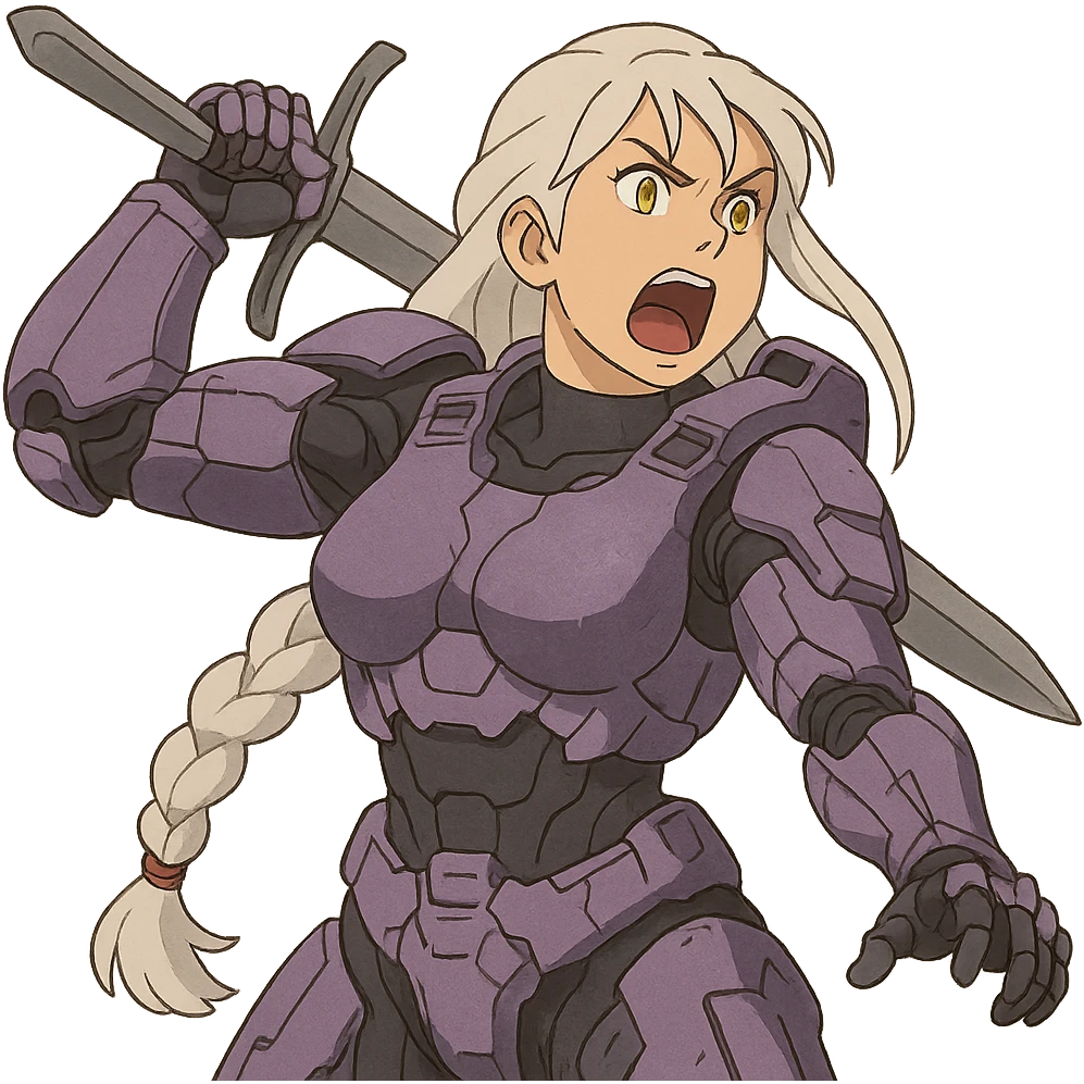 female, wearing reach spartan armor default, long white braid hair, gold yellow eyes, attention pose, HALO:series, no helmet, the armor is lavender color scheme, shoulder pad off. DDD bust size fitting. Punk gothic cyberpunk, brandishing a sword, preparing to swing and yelling emoji