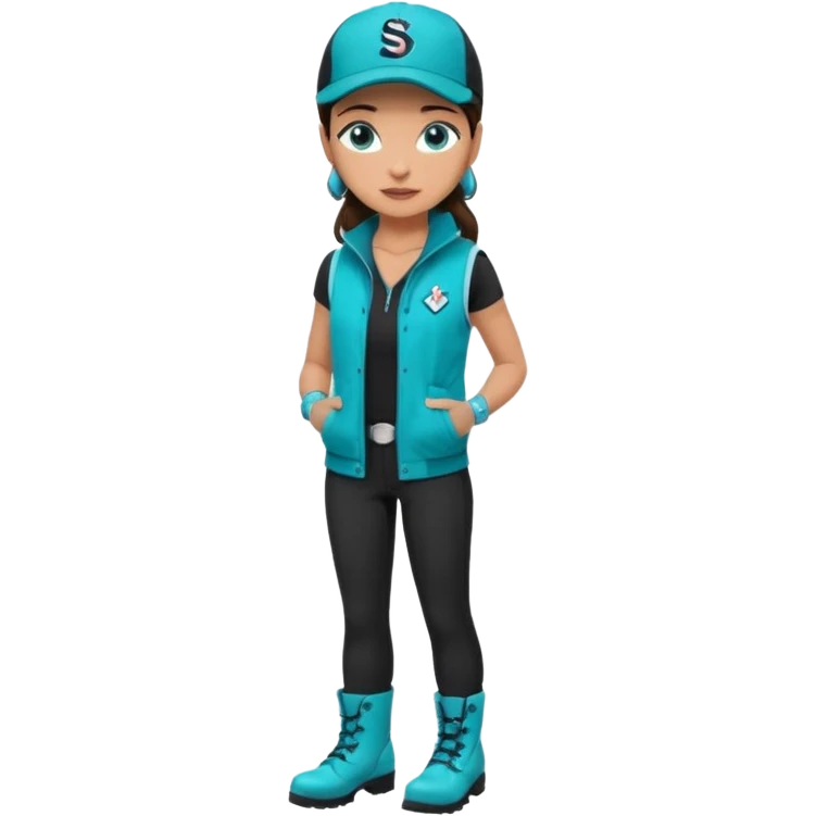 A landscaper in a beautiful turquoise jacket and turquoise boots, black pants, and a black sleeveless shirt. On his head is a black Swissotel baseball cap. The girl is a brunette with blue eyes. emoji