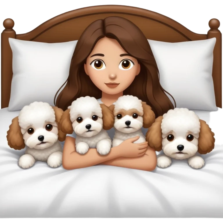 Olive skin girl with long brown hair in bed with 3 WHTE bichon frise's emoji