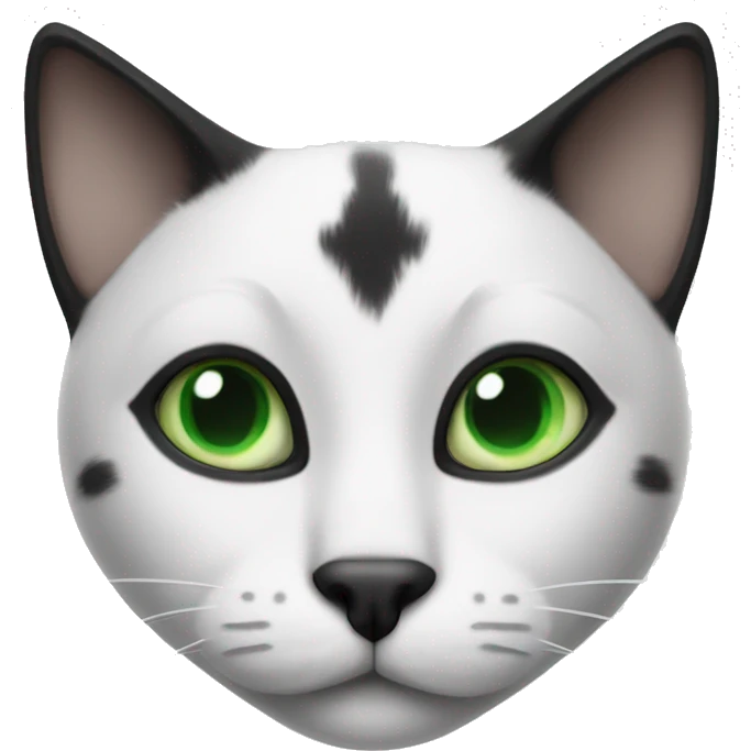 Black and white cat with black dot on nose and green eyes with mostly white face besides half of it emoji
