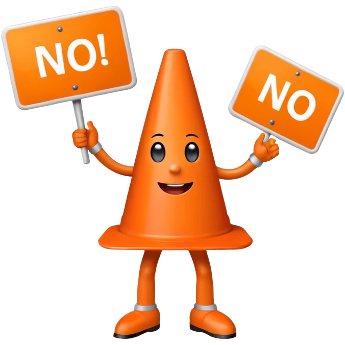 orange traffic cone with three legs dancing with sign in his hand saying “no ai” emoji