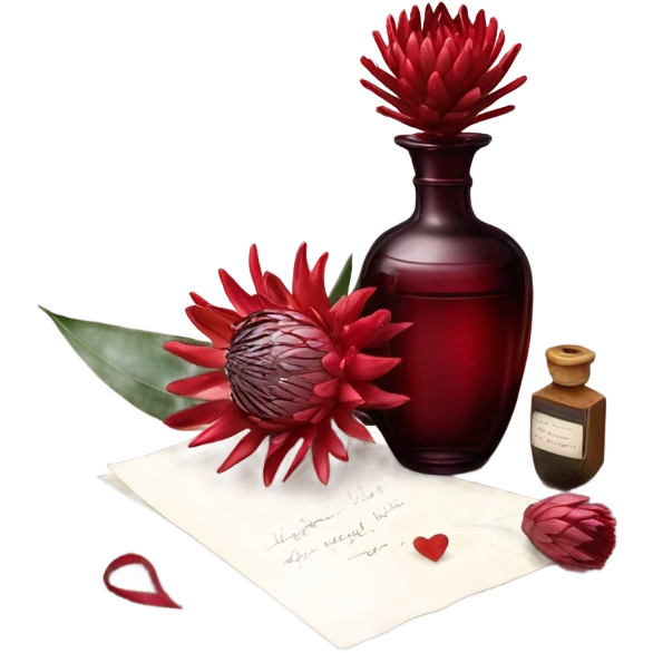 Dark red captivating perfume bottle with red proteas and a handwritten love letter emoji