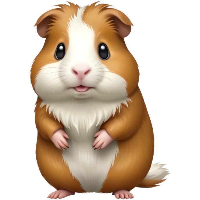 cinematic-[guinea pig]-realistic-full- long elongated body-standing-emoji,-tiny-paws-tucked-close,-head-tilted-dramatically,-fluffy-[brown and white]-fur,-simplified-yet-realistic-focused-features,-highly-detailed,-glowing-with-an-almost-sarcastic-glow emoji