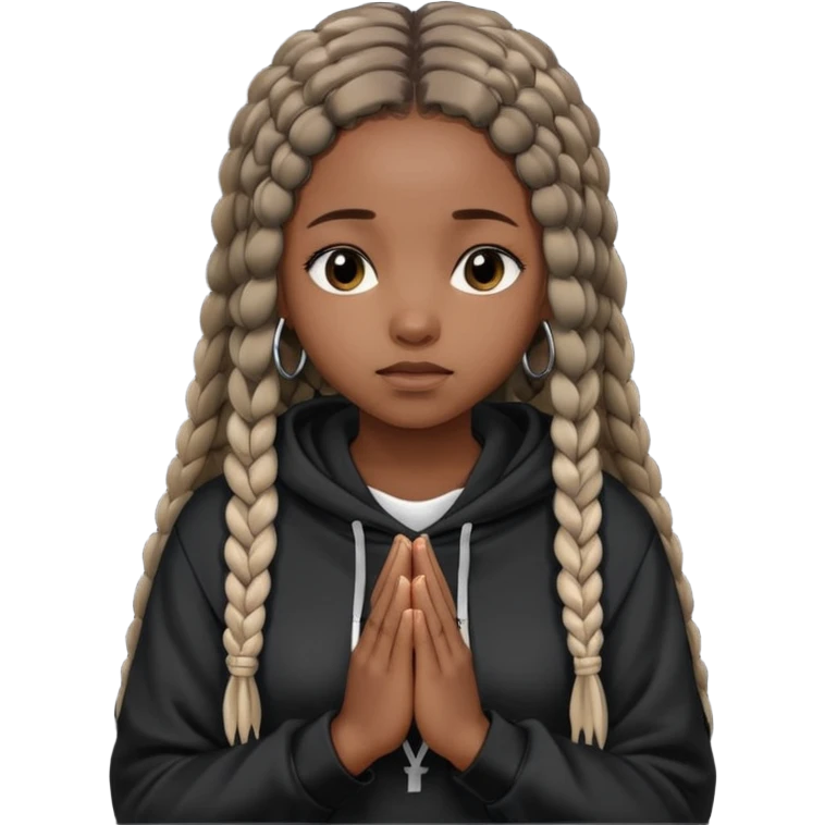 African American girl dark skin with long box braids and plain black hoodie with prayer hands emoji