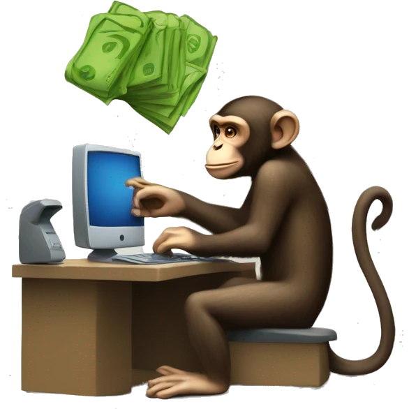 A monkey at a computer. There's a lot of money next to it. emoji