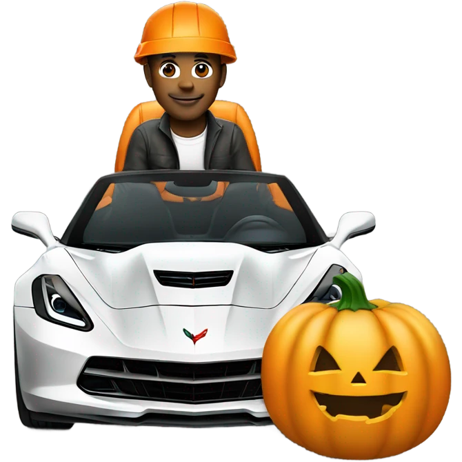 Engineer wearing a pumpkin on his head, driving a corvette. emoji