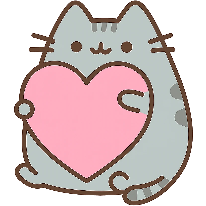 Pusheen hugging a big heart, pastel colors, adorable, color outline icon style emoji