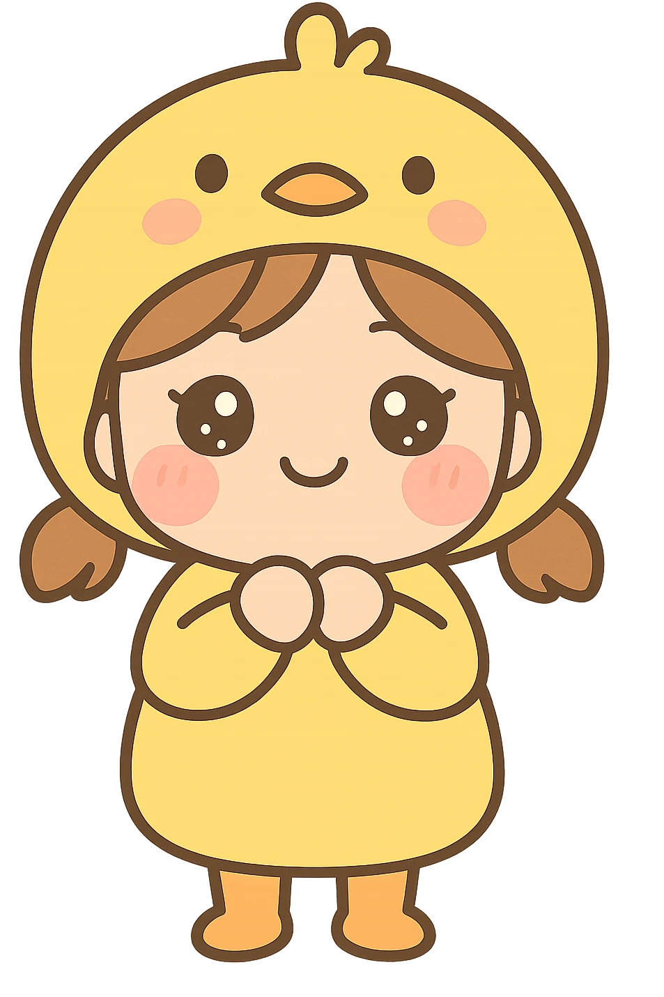 girl dressed as a chick, yellow chick hat, blushing cheeks, kawaii style emoji