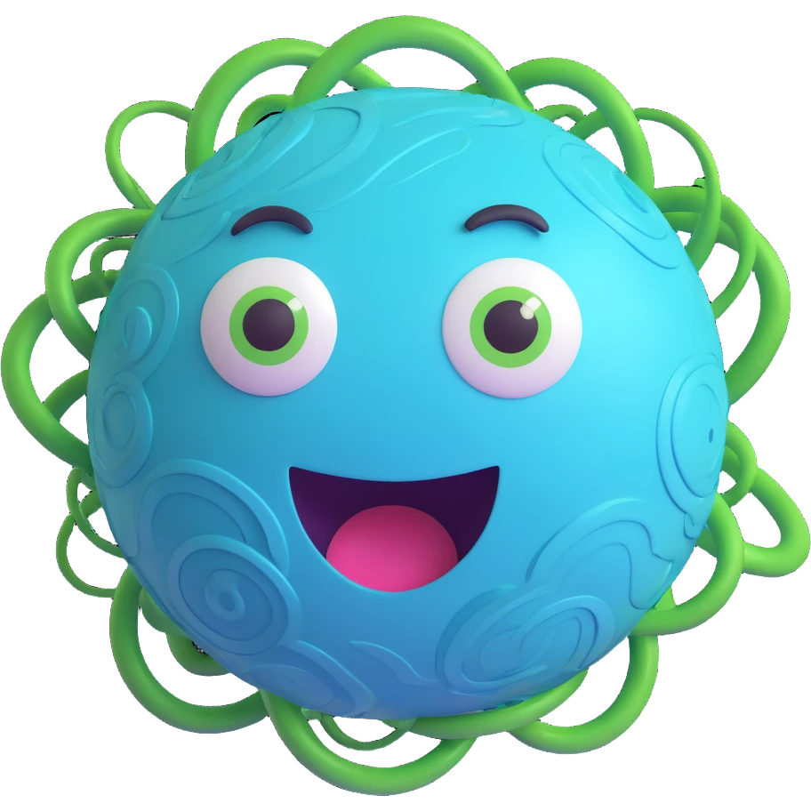 Uranus emoji with a playful, chaotic face, blue-green planet, swirling rings, and electric accents, representing unpredictability and innovation emoji