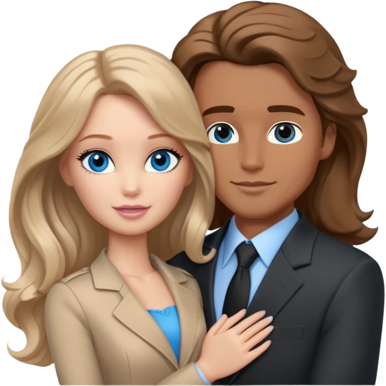 White Barbie girl  , eyes blue , Chestnut  long wavy hair In beige clothes, Hugs a man with brown hair, brown eyes and a black suit emoji