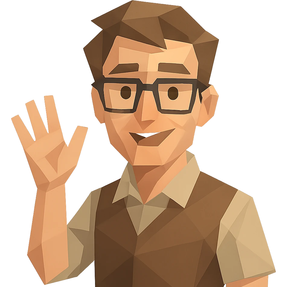 nerdy guy with glasses, waving, low-poly polygonal style emoji