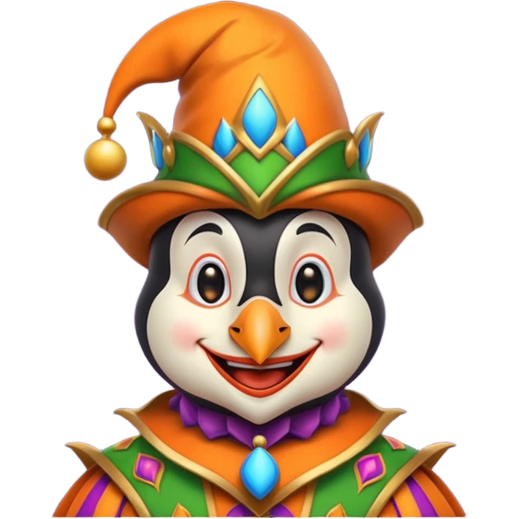 crazy funny colorful penguin jolly joker, medieval, vintage, court jester, mac os icon, orange color emoji