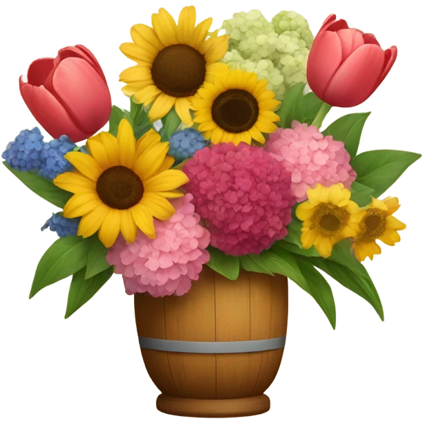 A flower arrangement of tulips, sunflower, peony, hydrangeas, margarita emoji