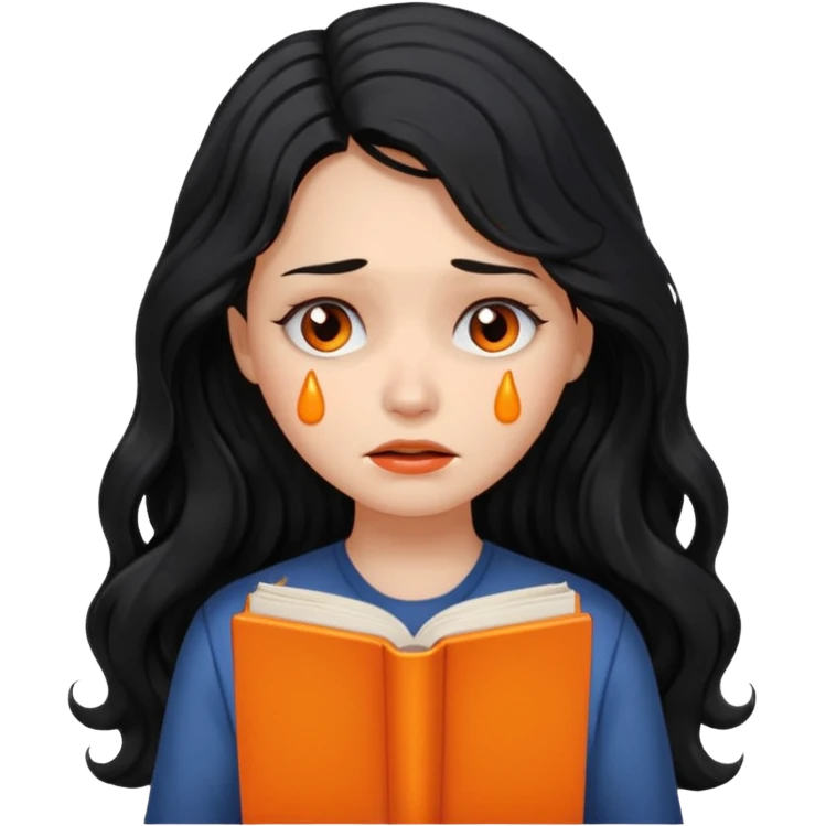 Long Hair Women with orrange Book, Black wavy hair, sad, crying

 emoji