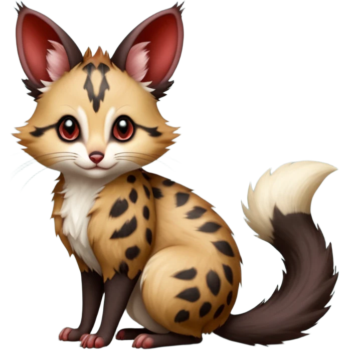 Blood-Red, black-pointed, soft natural realistic romantic vintage antique divine beautiful elegant pretty precious cute young youthful  Fakémon-Pokémon-opossum-feline-mouse-serval-caracal-chinchilla-Minccino-Cinccino-Meowstic-rodent-hybrid-creature with a big fluffy bushy tail (full body) emoji