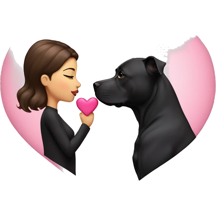 Brunette kissing big black pitbull dog, pink hearts, glamour  emoji