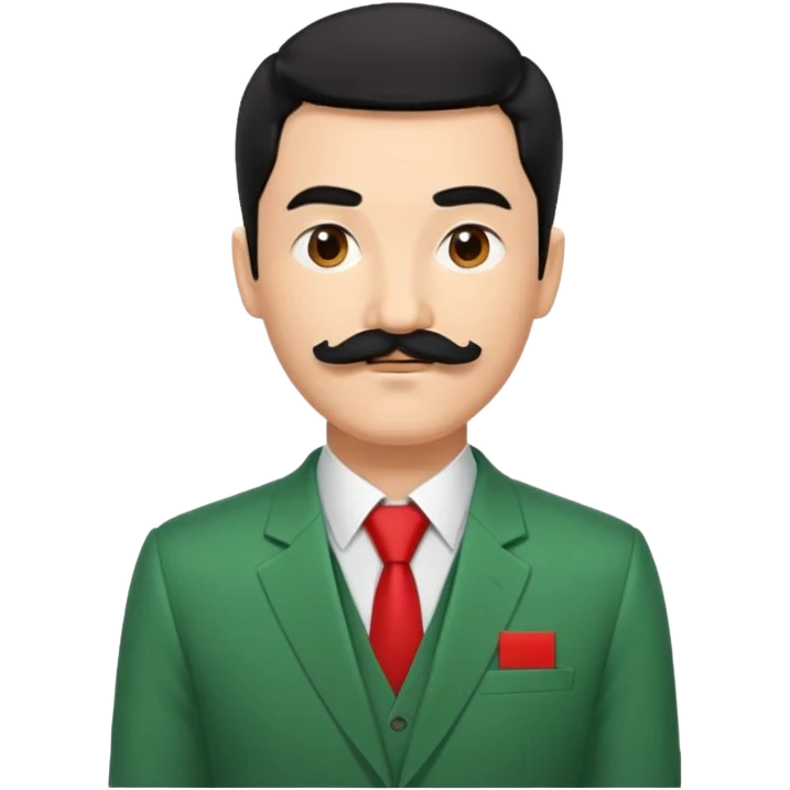 Un homme avec une moustache carré et une coupe de cheveux noir court en diagonale sur son front, il porte un costume vert sapin avec un bandeau sur le haut du bras droit rouge  emoji