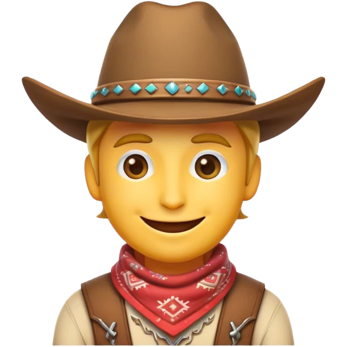 Clash of Clans aesthetic Playful Cowboy Portrait Emoji, Head tilted with a roguish, cheeky grin and twinkling eyes, featuring a compact, charming build with a jaunty hat and a friendly bandana, his natural skin tone adding authenticity, Simplified yet irresistibly charming features, highly detailed, glowing with a warm, inviting western glow, high shine, spirited and lively, stylized with an air of whimsical frontier mischief, soft glowing outline, capturing the essence of a playful cowboy exuding friendly rogue charm! emoji