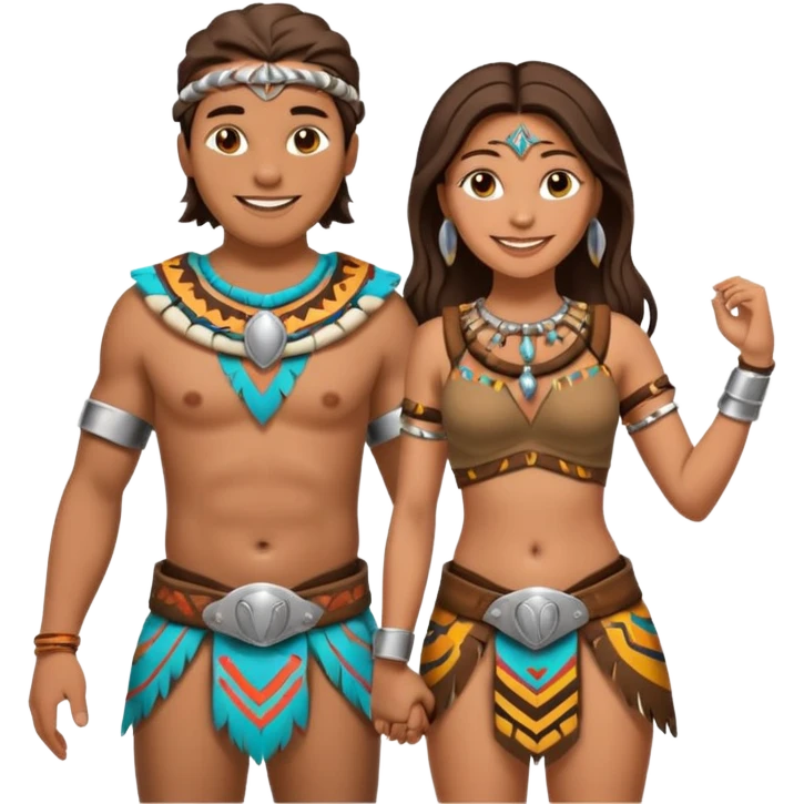 A happy tribal man holding hands with a happy tribal woman wearing a chastity belt emoji