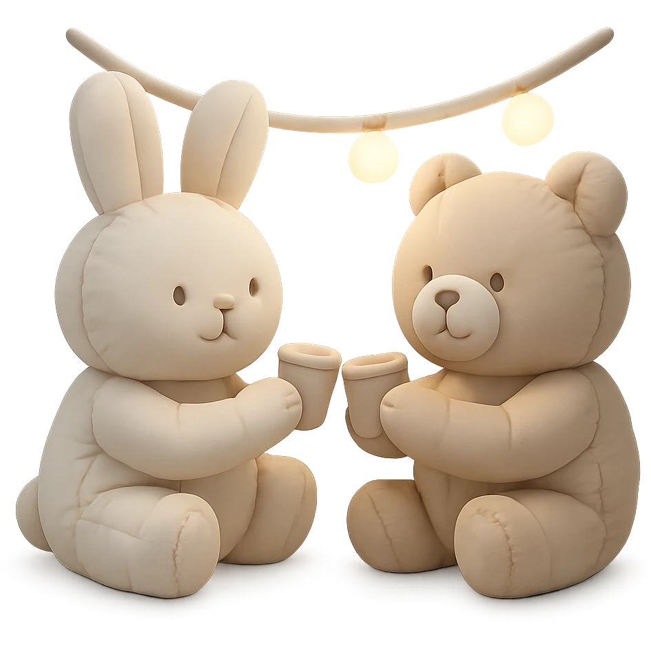 bunny and bear clinking juice cups under string lights, cushion style, soft and plush appearance emoji