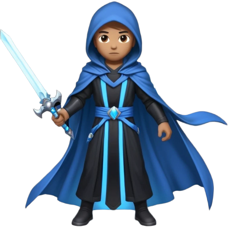 sci-fi space warrior human, glowing energy sword, hooded robe, heroic stance, 3D cartoon, mobile game character icon, clean background, no text
 emoji