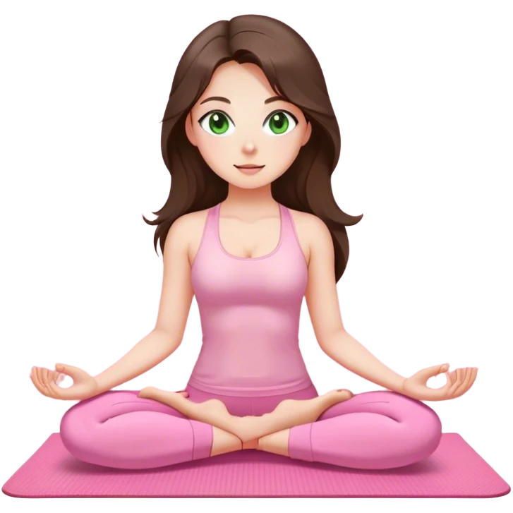 Brunette long hair and green eyes yoga beautiful girl in light pink pink pink clothes sitting on a yoga mat emoji