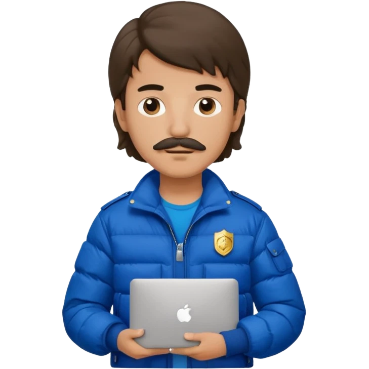generate an ios genmoji of a 20 year old boy with shoulder length hair and a mullet. cop mustache. carrying a macbook and wearing a puffer jacket emoji