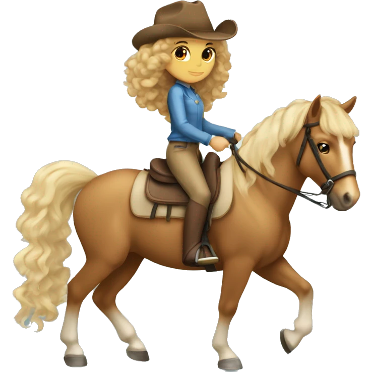 Tan girl with brown curly hair on horseback palomino horse with blonde mane and tail  emoji