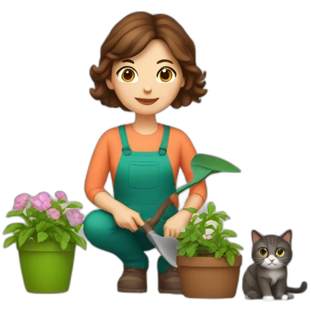 48 year old woman with brown hair gardening with cat emoji