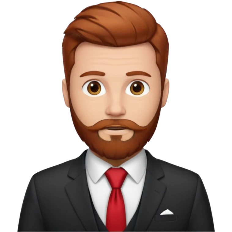 ["Fair-skinned man with reddish-brown hair and a full beard, wearing a suit and red tie."] emoji