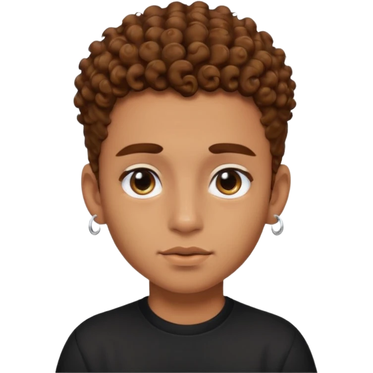 caramel skin boy with color bear brown curly hair with fade on the sides and thick eyebrows with a black shirt and small stud earrings with black colored eyes and a cheek mole emoji