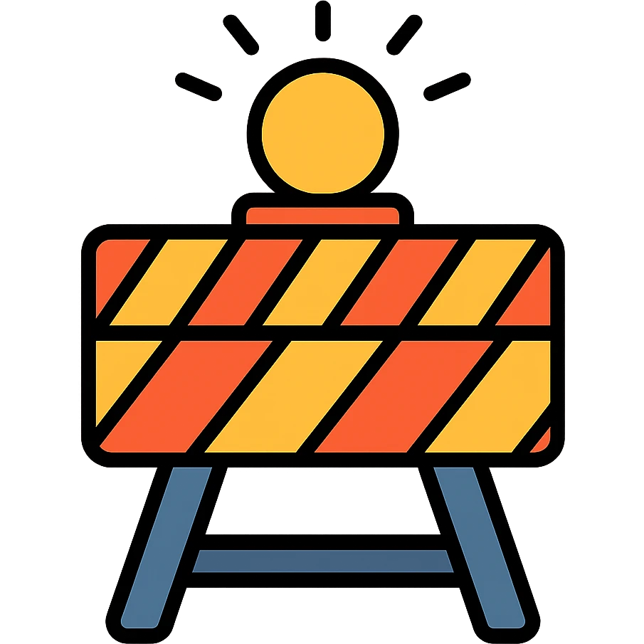 colorful outlined construction sign with dynamic elements like flashing lights or moving stripes emoji