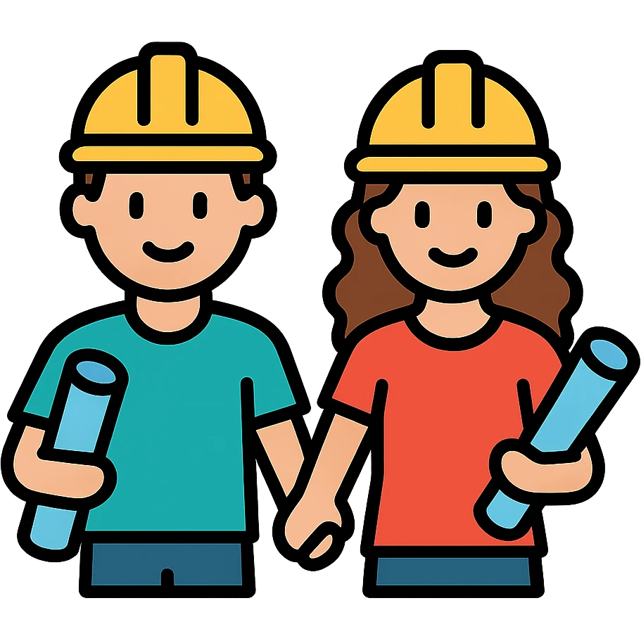 a couple holding hands, boyfriend with short brown hair, girlfriend with long brown curls, both wearing construction helmets and holding construction plans, lineal color icon with black outlines emoji