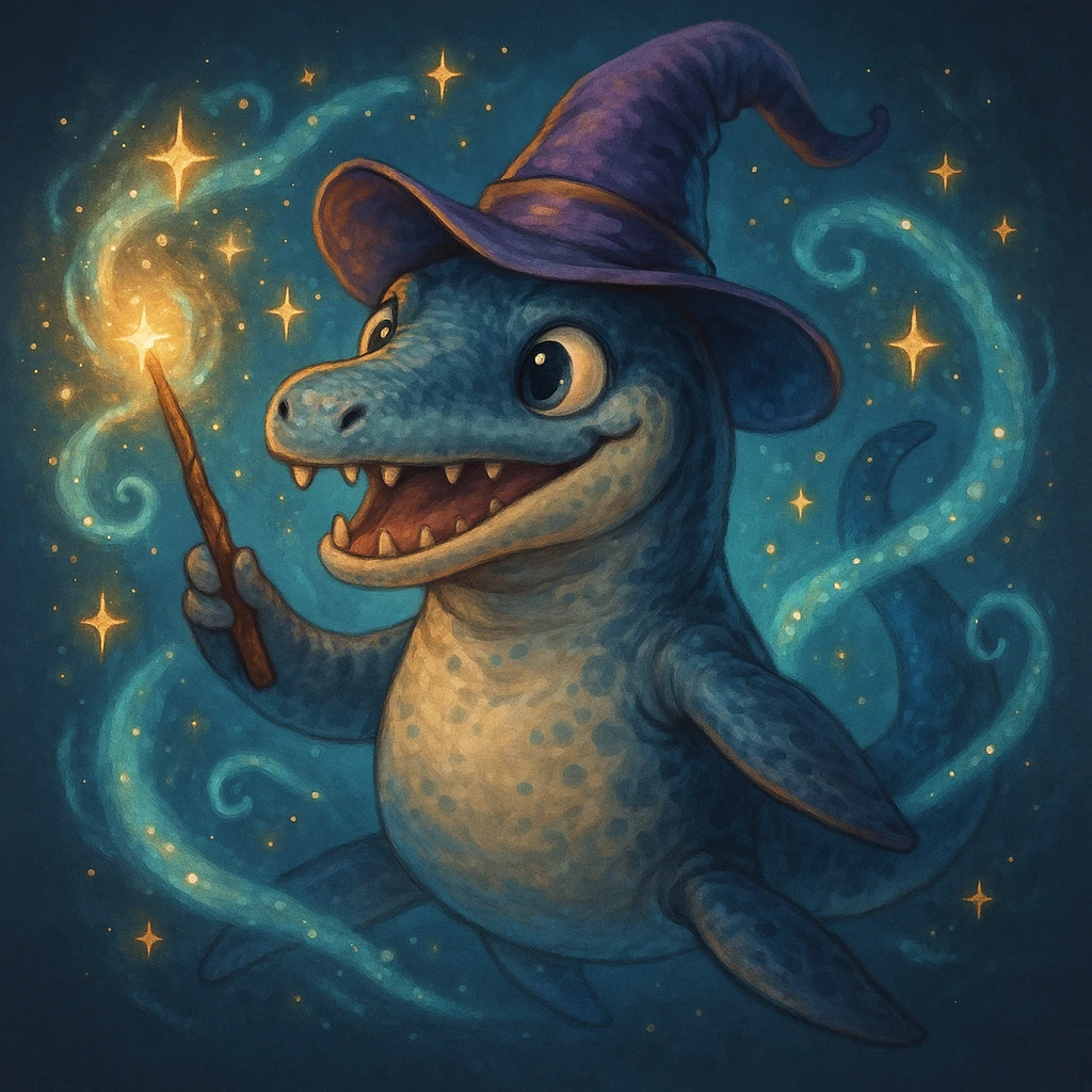 liopleurodon with a wizard hat and wand, magical aura, playful emoji