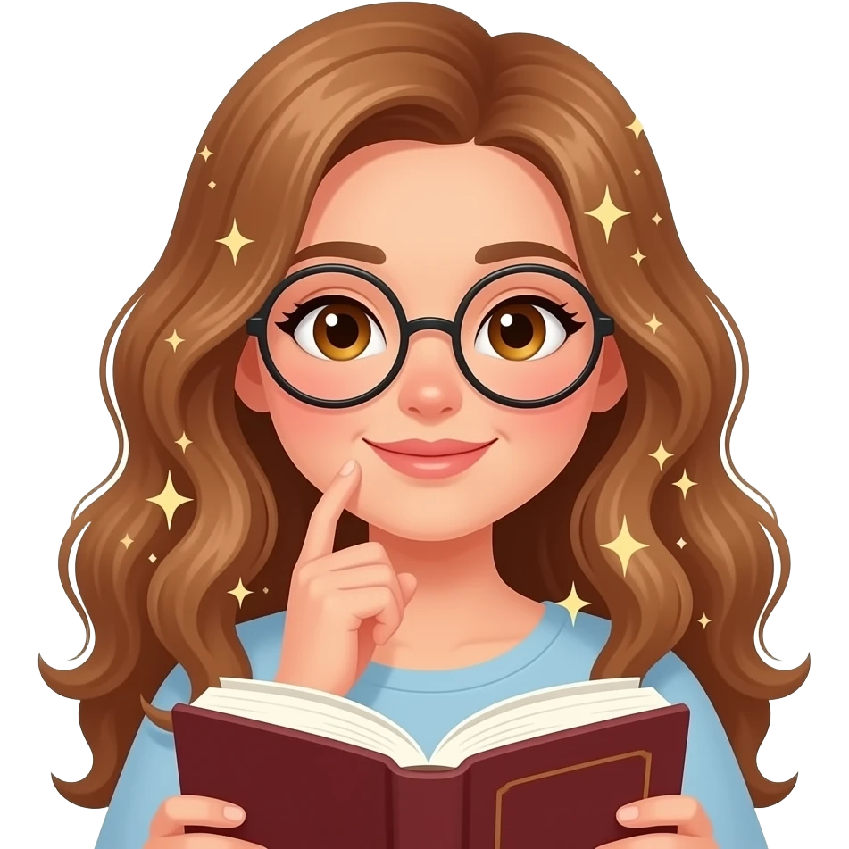 detailed emoji illustration of a curvy woman with long light brown wavy hair, light brown eyes and round glasses reading a book with dreamy thoughts or sparkles around her head, immersive reading vibe, cute emoji style emoji